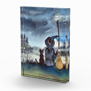 For Halloween Black Cat and The Witch Starry Night Photo Block