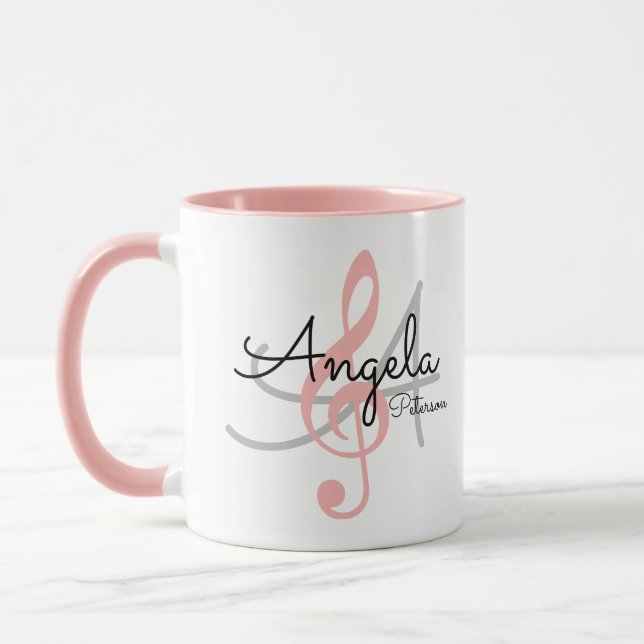 for her a monogram Pink treble clef, music Mug (Left)