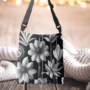 For Her Unique Black & White Modern Floral Chic Crossbody Bag