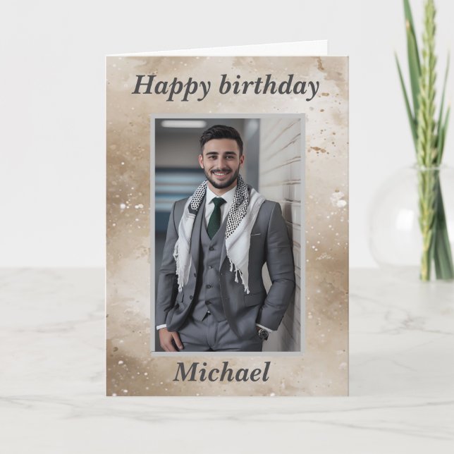 For Him Photo Happy Birthday Wishes Biege Holiday Card (Front)