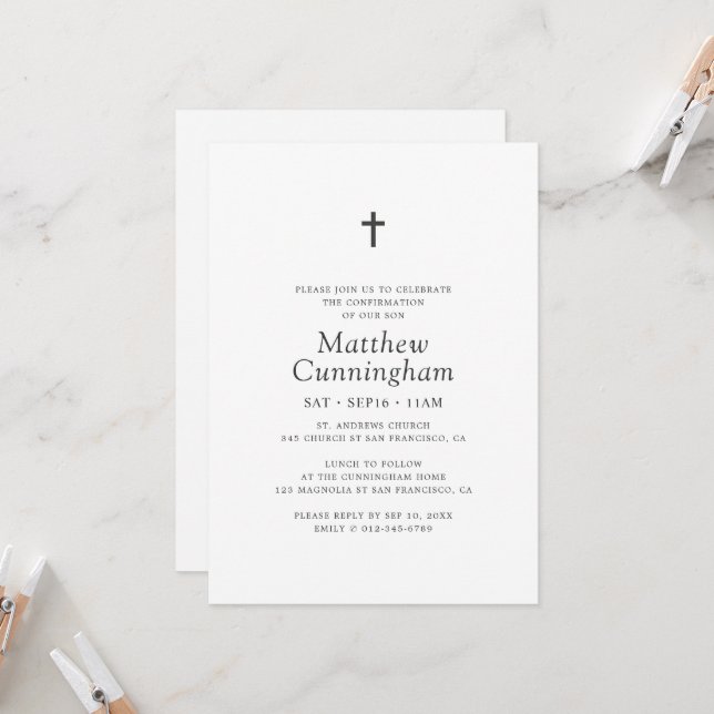 For Him Simple Black Cross Minimalist Confirmation Invitation (Front/Back In Situ)