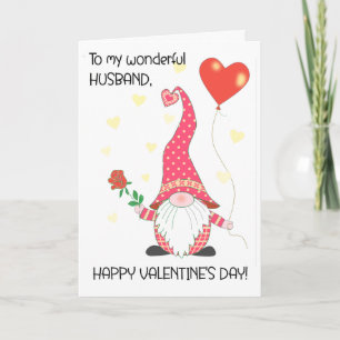 For Husband Valentine's Cute Gnome and Red Rose Card