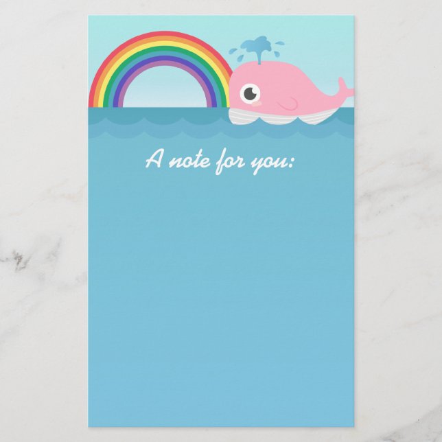 For kids - Cute Baby Pink Whale with Rainbow Stationery (Front)