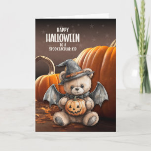 for Kids Teddy Bear Witch and Bat Wings Halloween Holiday Card
