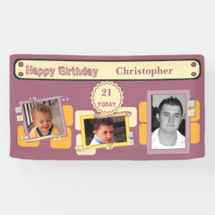 For men 21st add photos name burgundy party banner