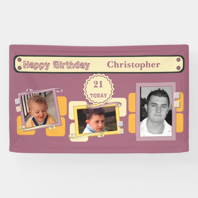 For men 21st add photos name burgundy party banner (Horizontal)