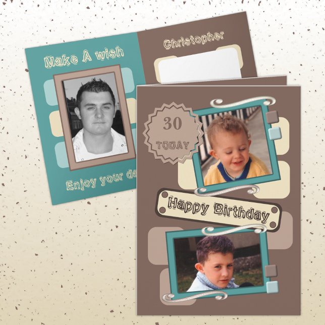For men add photos brown turquoise 30th Birthday Card (Creator Uploaded)