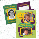 For men add photos green purple 50th Birthday Card<br><div class="desc">Happy 50th Birthday greeting card for men. Any age for a special milestone, change to suit. The sample shown is 50 today. Replace the two photos on the front and the one inside left. Add your message, or remove the text. The photo on the inside left, will automatically change to...</div>