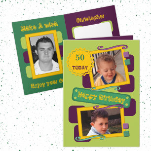 For men add photos green purple 50th Birthday Card