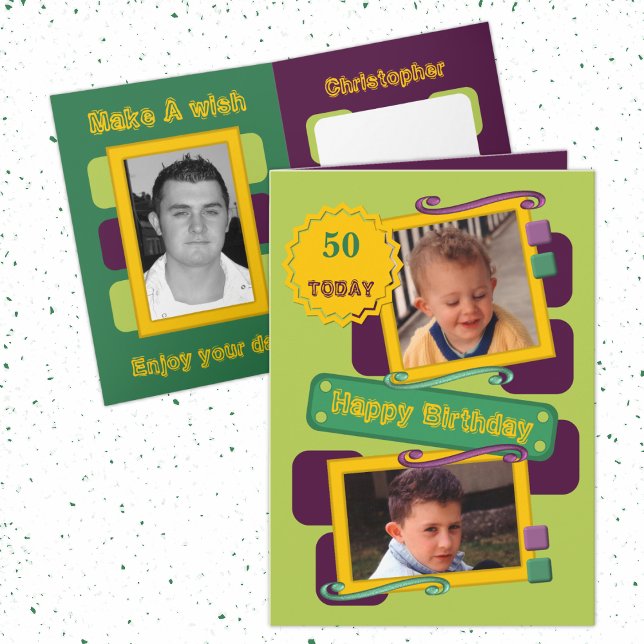 For men add photos green purple 50th Birthday Card (Creator Uploaded)