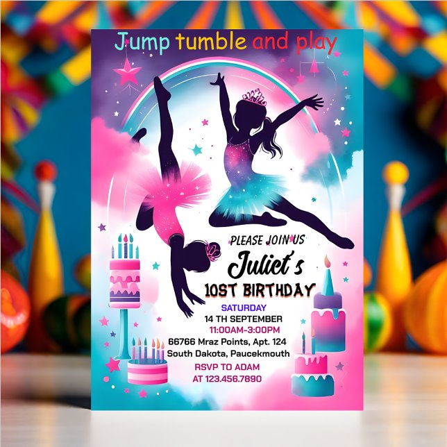 for modern cute Jump girl gymnastics 10th birthday Invitation (Creator Uploaded)