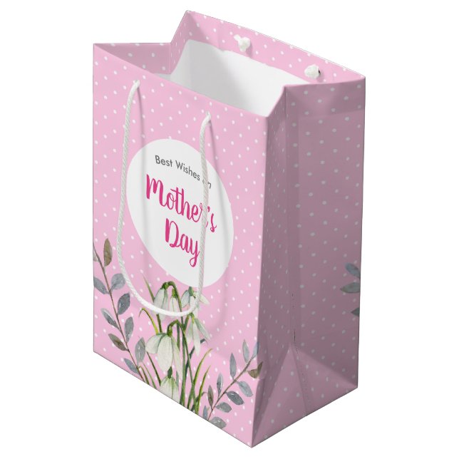 For Mothers Day White Snowdrops Pink Polka Dots Medium Gift Bag (Front Angled)