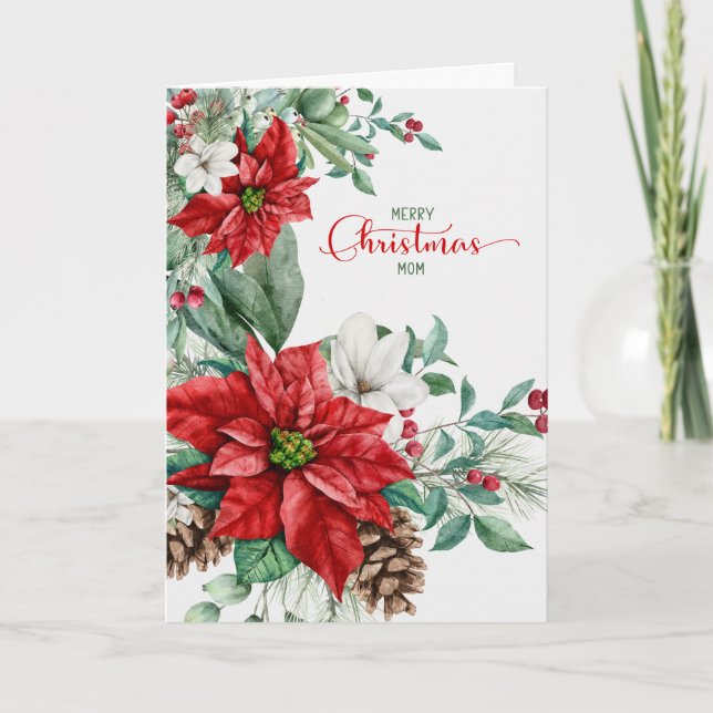 for Mum Christmas Poinsettias Elegant Holiday Card (Front)