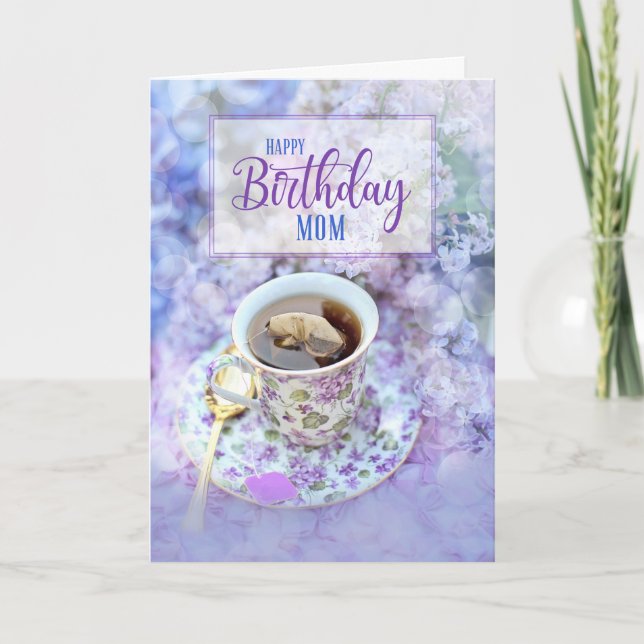 for Mum Cup of Tea and Purple Flowers Birthday Card (Front)