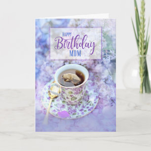 for Mum Cup of Tea and Purple Flowers Birthday Card