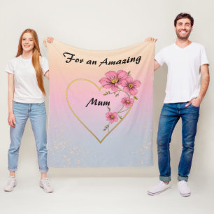 For Mum Pink Floral Gold Heart Mother's day Fleece Blanket