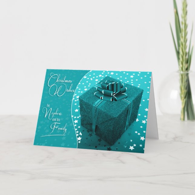 for Nephew and Family Turquoise Blue Christmas Holiday Card (Front)