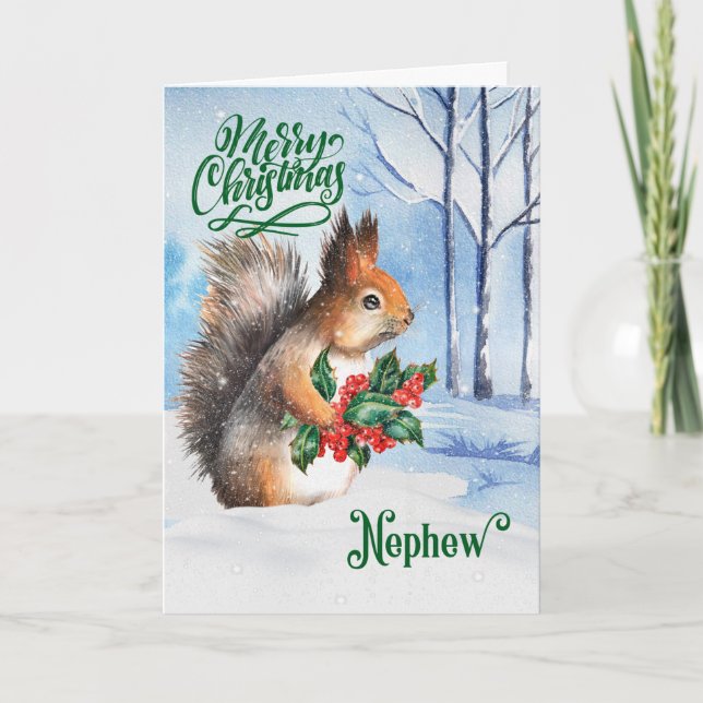 for Nephew Christmas Squirrel Winter Woodland Holiday Card (Front)