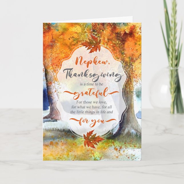 for Nephew Thanksgiving Autumn Watercolor Grateful Holiday Card (Front)