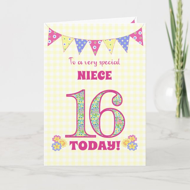 For Niece 16th Birthday Primroses Bunting Card (Front)
