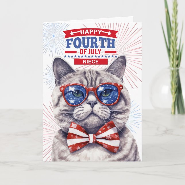 for Niece 4th of July Cute Patriotic Cat Holiday Card (Front)