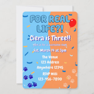 For Real Life Blue and Orange Puppy Paw Birthday Invitation