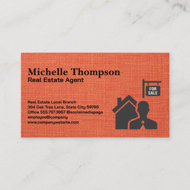 For Sale Real Estate Logo | Red Fabric Texture Business Card (Front)