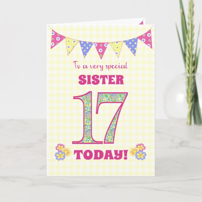 For Sister 17th Birthday Primrose and Bunting Card (Front)