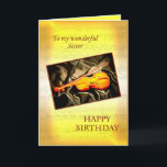 For sister, a musical birthday card with a violin<br><div class="desc">A musical card featuring a violin lying on silk. In the background is a page of sheet music. See the whole range of cards for ages and relationships in my store. All artwork copyright Norma Cornes</div>