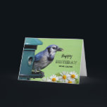 For Sister Birthday with Blue Jay at Feeder Card<br><div class="desc">Happy Birthday for a sister. A Blue Jay at a bird feeder along with daisies are featured on this bird themed birthday greeting card. Great card for the bird lover in your life. Art,  image,  and verse copyright © Shoaff Ballanger Studios,  2023.</div>