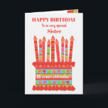 For Sister Custom Age Birthday Cake Card<br><div class="desc">You can add the age to this brightly colored birthday card for your sister, with a strawberry birthday cake. The cake has lots of candles with different patterns and there is a patterned band around the cake with colorful summer fruits - strawberries, raspberries, limes and orange slices. Above the cake,...</div>