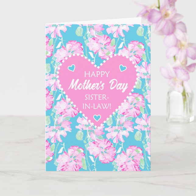For Sister-in-Law Mothers Day Pink Roses on Blue Card (Orchid)
