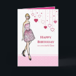 For Sister on Birthday Girl with Pink Roses Dress Card<br><div class="desc">Designed based on my illustration of a beautiful blonde hair lady wearing stunning classic elegant pink roses cocktail dress,  wears beautiful black stiletto shoes. The design has pink and white polka dots pattern - a chic and modern style. Customisable with your own text for a personalised design.</div>