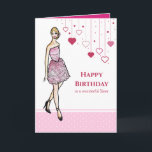 For Sister on Birthday Girl with Pink Roses Dress Card<br><div class="desc">Designed based on my illustration of a beautiful blonde hair lady wearing stunning classic elegant pink roses cocktail dress,  wears beautiful black stiletto shoes. The design has pink and white polka dots pattern - a chic and modern style. Customisable with your own text for a personalised design.</div>