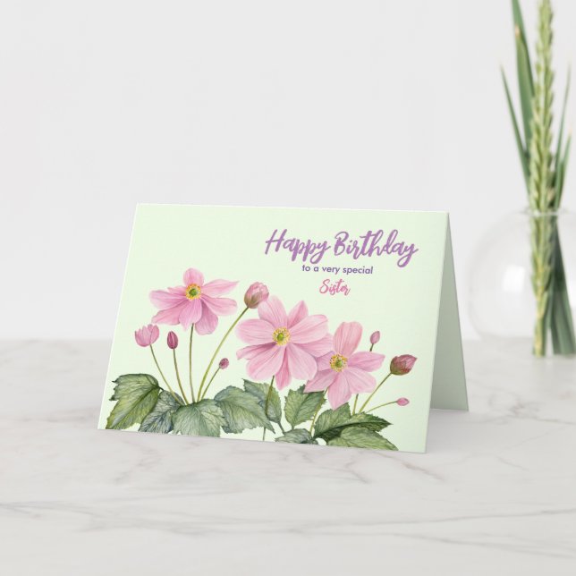 For Sister on Birthday Pink Japanese Anemone Card (Front)