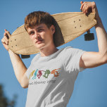 For Skateboarders Skateboarding Graphics Custom T-Shirt<br><div class="desc">Create custom gear for your favourite skater with this skateboarding themed graphic tee that's ready to be personalised with your own message. It features silhouette style illustrations of skateboarders in mustard yellow,  turquoise blue,  dark red,  green and rust orange. Your text appears below the graphics in charcoal grey lettering.</div>