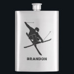 For Skiers Ski Trick Graphic Personalised Hip Flask<br><div class="desc">Your favourite skier will love toting their favourite drink in this personalised flask that features a simple black,  silhouette style graphic of a skier performing a ski trick. It's ready to be personalised with a name in matching black lettering below.</div>