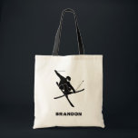 For Skiers Ski Trick Graphic Personalised Tote Bag<br><div class="desc">This tote bag is ready to be personalised with a name,  a custom message or your favourite skiing spot. It features a silhouette style illustration in black of a skier performing a ski trick.</div>