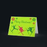 For Skiers Ski Tricks Graphics Red and Green Holiday Card<br><div class="desc">Show off your love of skiing with these fun Christmas cards. They features a festive red and green colour scheme on a bright green background with illustrations of skiers doing different ski tricks. The inside message on these folded holiday cards is ready for your custom touch.</div>