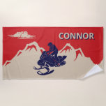 For Snowmobilers Snowmobile Graphic Personalised Beach Towel<br><div class="desc">Keep your cool even on a hot day at the beach with this towel and its cool winter-themed graphic. This beach towel has a vintage style illustration of a snowmobile and rider in navy blue set against a backdrop of cream or ivory coloured mountains against a red background. It's ready...</div>