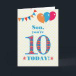 For Son 10th Birthday Bunting Balloons Card<br><div class="desc">A colorful birthday card for a 10-year-old son, The large number 10 filled with an orange, red and blue pattern, outlined in bright blue. There are balloons and bunting at the top, in matching colors and the front cover greeting is, 'Son, you're 10 today!' in bright red and blue lettering,...</div>