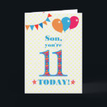 For Son 11th Birthday Bunting Balloons Card<br><div class="desc">A colorful birthday card for an 11-year-old son, The large number 11 is filled with an orange, red and blue pattern, outlined in bright blue. There are balloons and bunting at the top, in matching colors and the front cover greeting is, 'Son, you're 11 today!' in bright red and blue...</div>