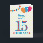 For Son 15th Birthday Bunting Balloons Card<br><div class="desc">A colourful birthday card for a 15-year-old son, The large number 15 is filled with an orange, red and blue pattern, outlined in bright blue. There are balloons and bunting at the top, in matching colours and the front cover greeting is, 'Son, you're 15 today!' in bright red and blue...</div>