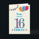 For Son 16th Birthday Bunting Balloons Card<br><div class="desc">A colorful birthday card for a 16-year-old son, The large number 16 is filled with an orange, red and blue pattern, outlined in bright blue. There are balloons and bunting at the top, in matching colors and the front cover greeting is, 'Son, you're 16 today!' in bright red and blue...</div>