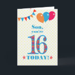 For Son 16th Birthday Bunting Balloons Card<br><div class="desc">A colorful birthday card for a 16-year-old son, The large number 16 is filled with an orange, red and blue pattern, outlined in bright blue. There are balloons and bunting at the top, in matching colors and the front cover greeting is, 'Son, you're 16 today!' in bright red and blue...</div>
