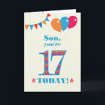 For Son 17th Birthday Bunting and Balloons Card<br><div class="desc">A colorful birthday card for a 17-year-old son, The large number 17 is filled with an orange, red and blue pattern, outlined in bright blue. There are balloons and bunting at the top, in matching colors and the front cover greeting is, 'Son, you're 17 today!' in bright red and blue...</div>