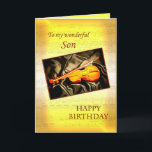 For son, a musical birthday card with a violin<br><div class="desc">A musical card featuring a violin lying on silk. In the background is a page of sheet music. See the whole range of cards for ages and relationships in my store. All artwork copyright Norma Cornes</div>