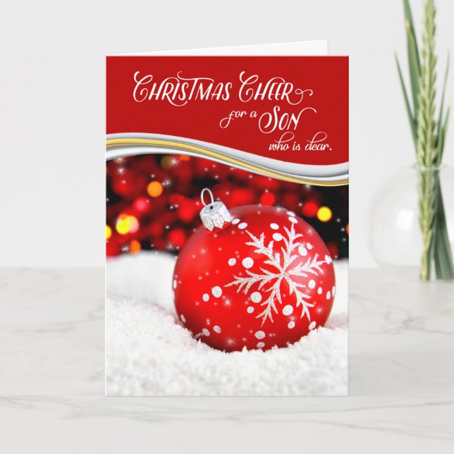 for Son Christmas Cheer Red Snowflake Ornament Holiday Card (Front)