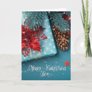 for Son Merry Christmas Cheer Blue and Red Holiday Card