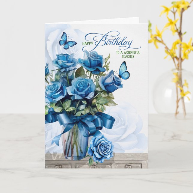 for Teacher Vase of Blue Roses Birthday Card (Yellow Flower)
